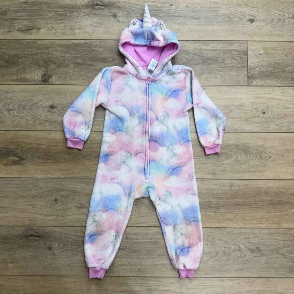 The Children's Place Kids Pink Unicorn Rainbow Plush Hooded Sleeper Size 4 XS/TP
